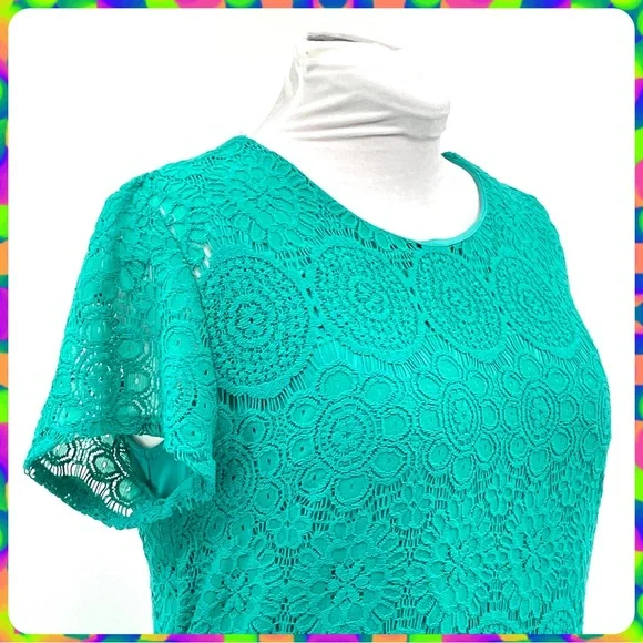 LAUNDRY Spring Green Crochet Lace Floral Medallion Overlay Shift Dress Size 14 - Picture 6 of 13